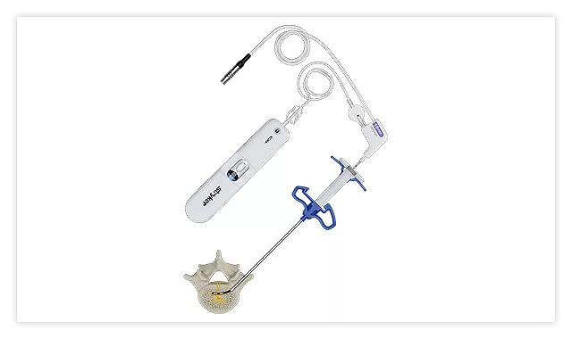 OptaBlate procedure highlight 5: the RF probe inserted through the conduit and connected, with the probe emitters exposed.