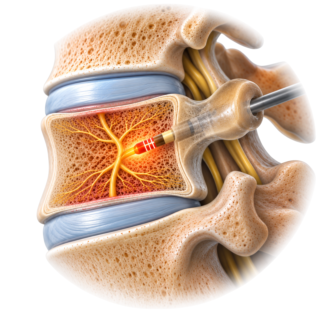 Cutaway illustration of a lumbar vertebra showing a probe treating the basivertebral nerve inside the bone